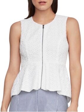 BCBGMAXAZRIA White Daisy Lace Peplum Top Zip Front Sleeveless Size Large NWT